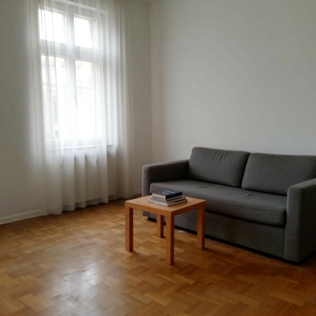 Realistische Wohnungsreinigung in Berlin — Wohnzimmer nachher, sauberes Parkett